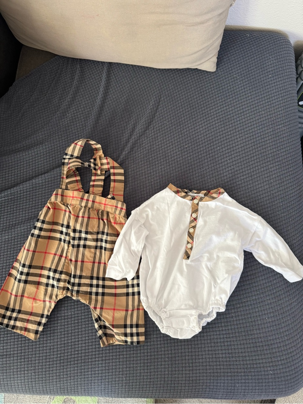 Burberry Beige Check Overalls with White Bodysuit